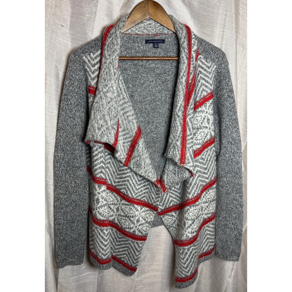 NWOT American Eagle Women's Gray Red Geometric Waterfall Cardigan Sweater S/P